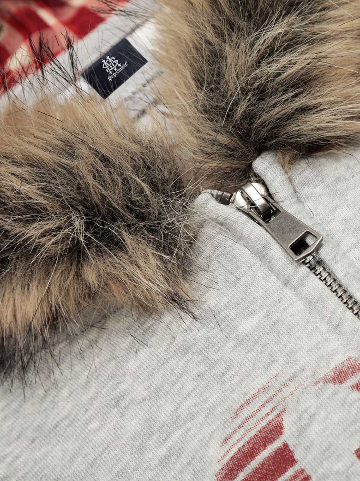 Retro Gradient Letter Print Splicing Cardigan Fur Collar Zip Up Hoodie