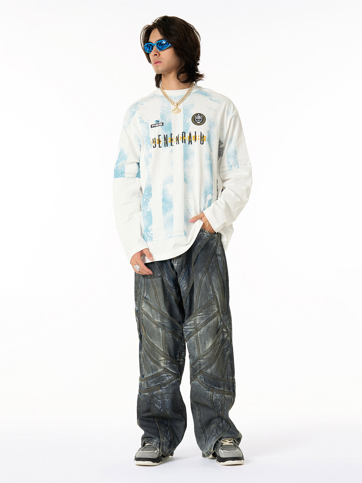Retro Mottled Striped Badge Print Long Sleeve T-Shirt