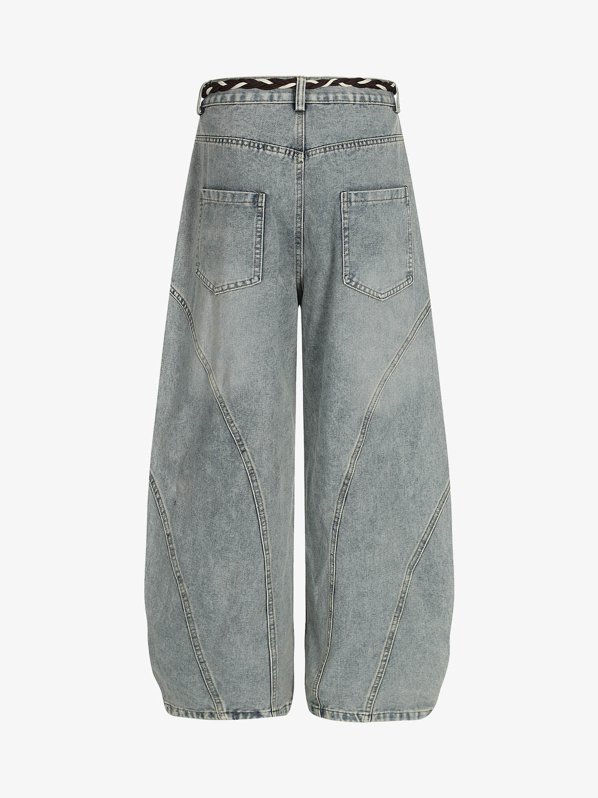 Denim Retro Belt Detail With Patchwork Barrel Jeans