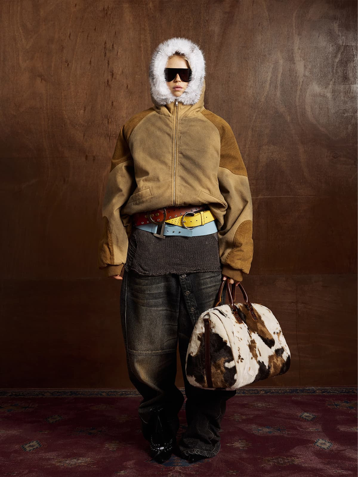Street Vintage Fog-Dyed Fur Collar Patchwork Hooded Padded Jacket