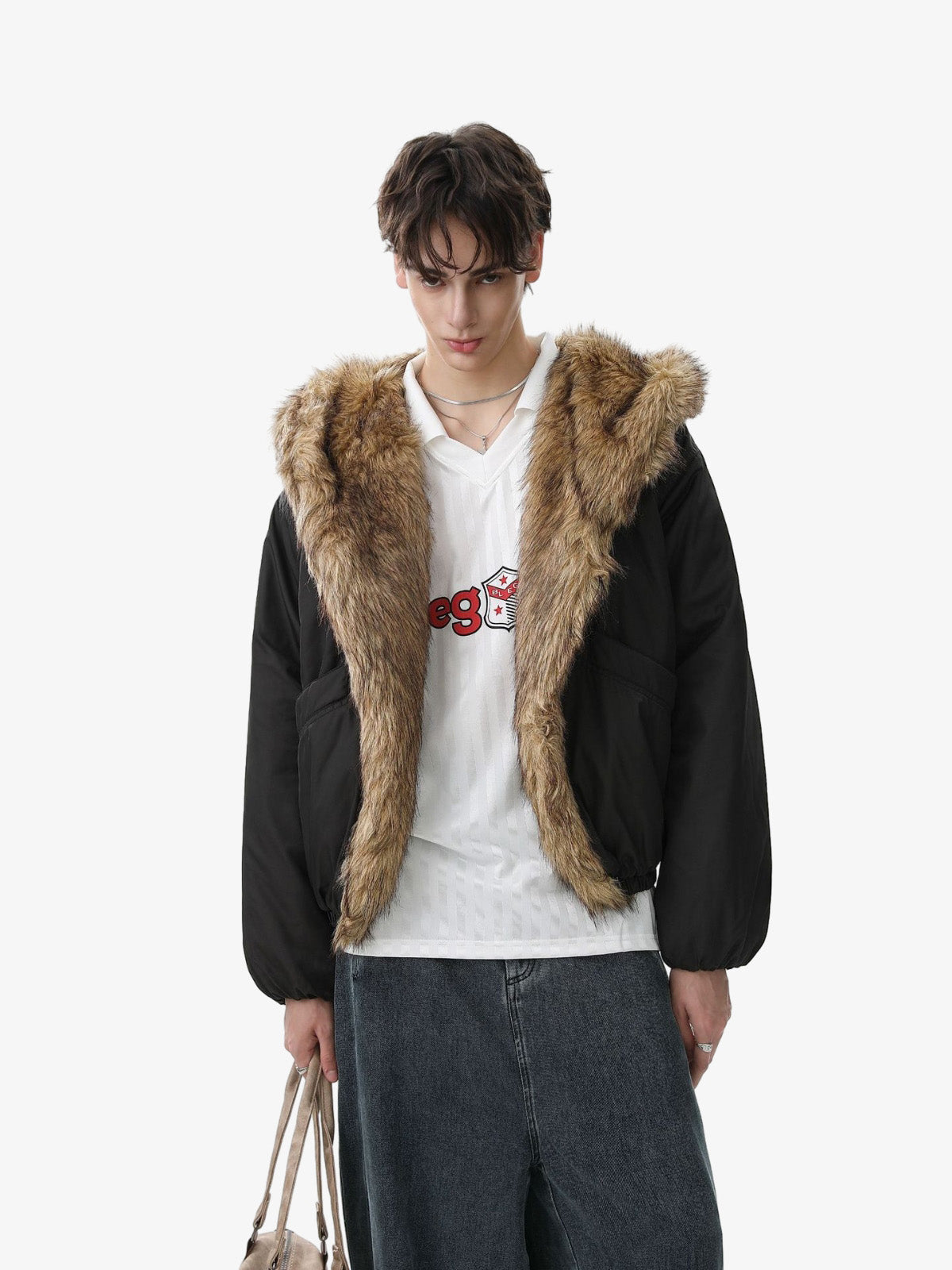 Retro Pleated Fur Hooded Padded Jacket