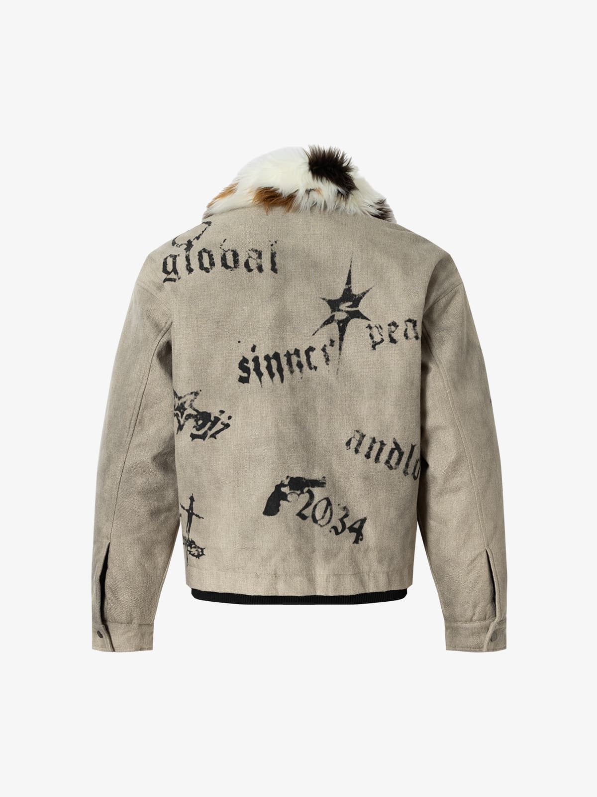 Gothic Letter Print Fur Collar Quilted Cotton Jacket