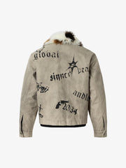 Gothic Letter Print Fur Collar Quilted Cotton Jacket