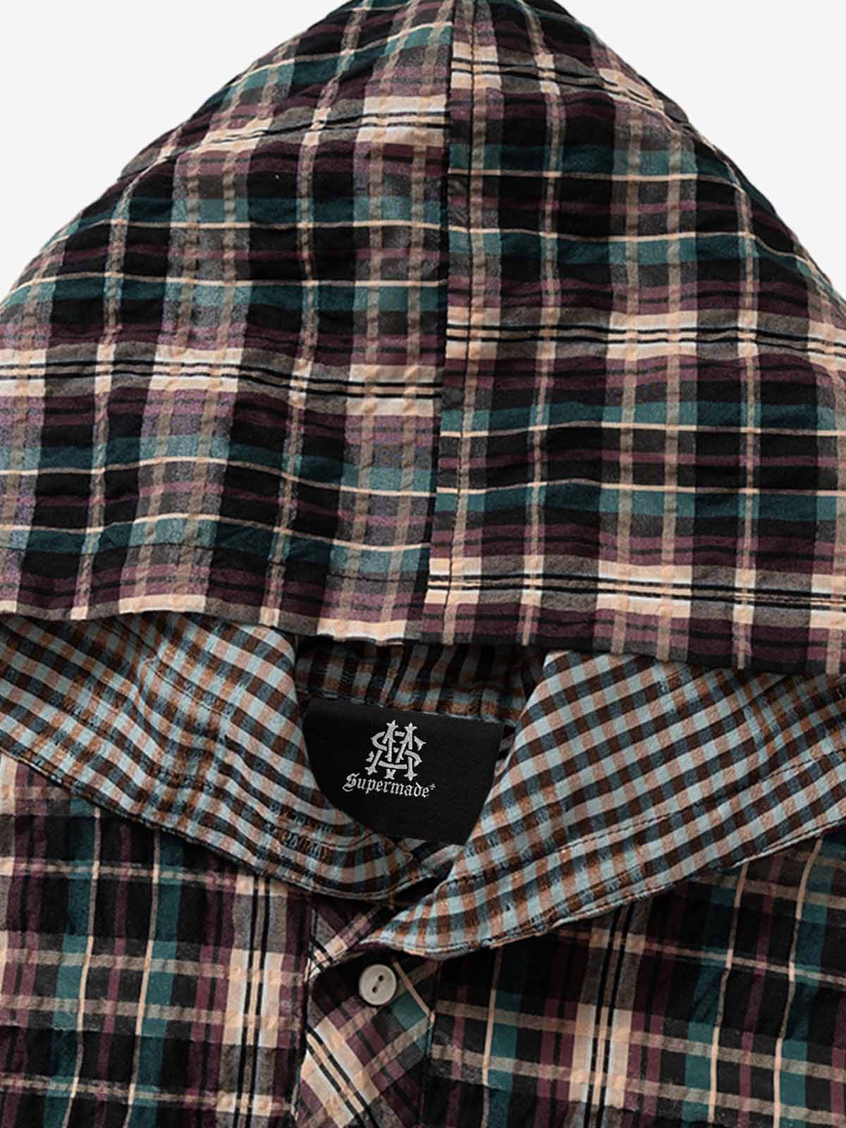 Retro Plaid Patchwork Hooded Work Shirt