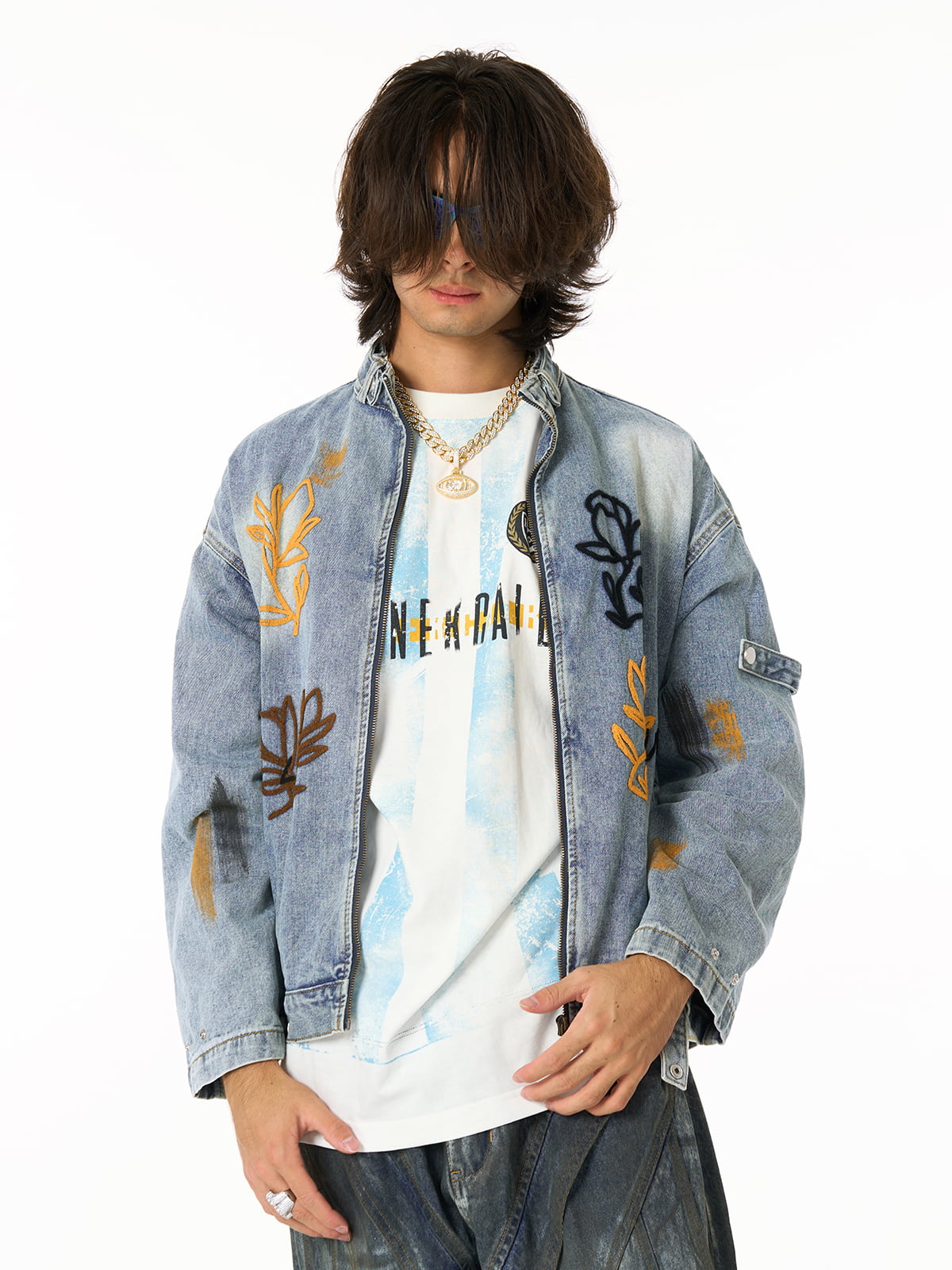 Retro Street Floral Embroidery Washed Zipper Denim Jacket