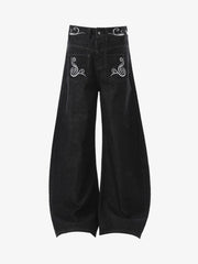 Retro Reverse Design Cloud Embroidered Barrel Jeans