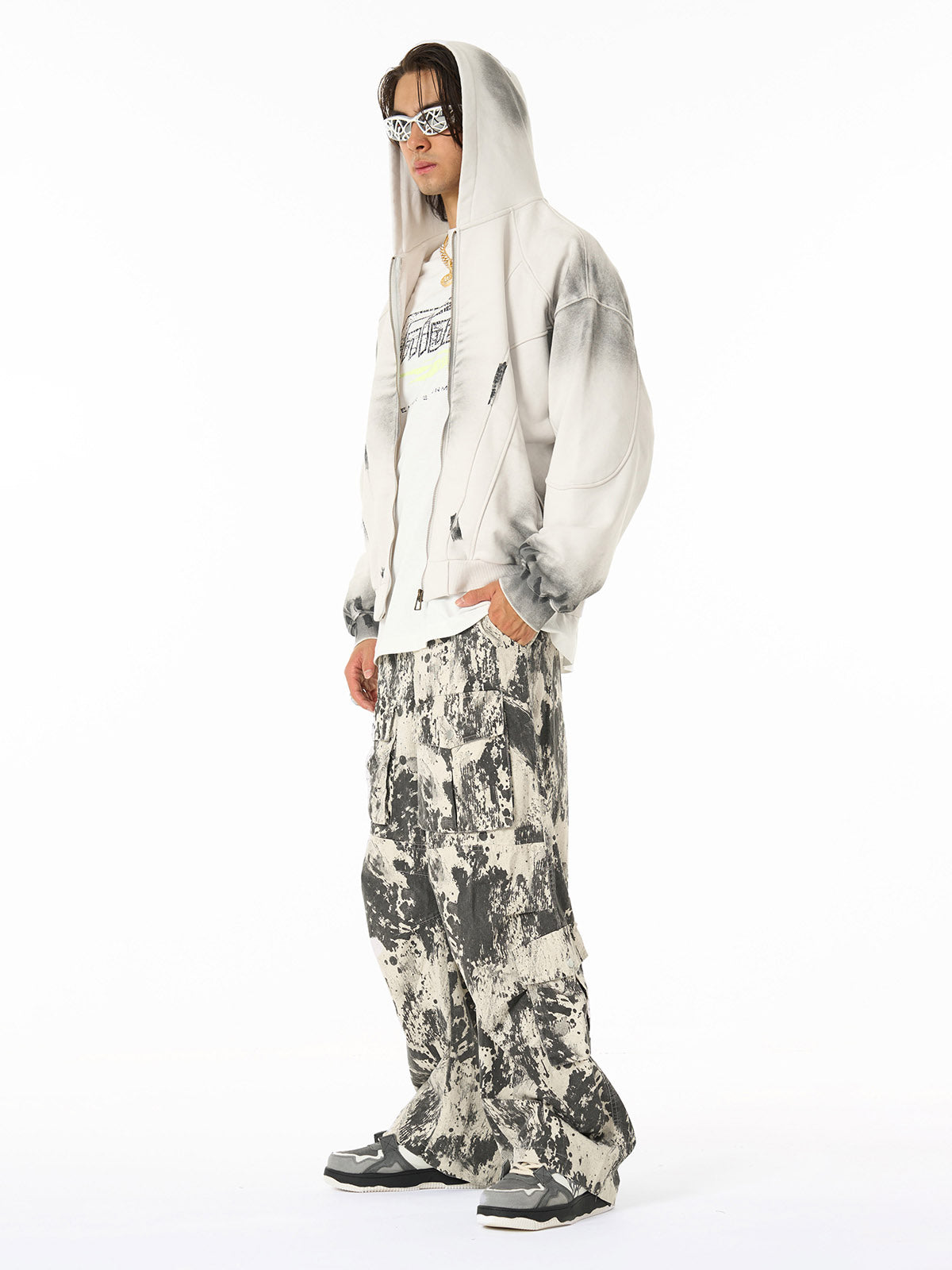 Hip Hop Distressed Dirty Spray Wash Hooded Sweatshirt