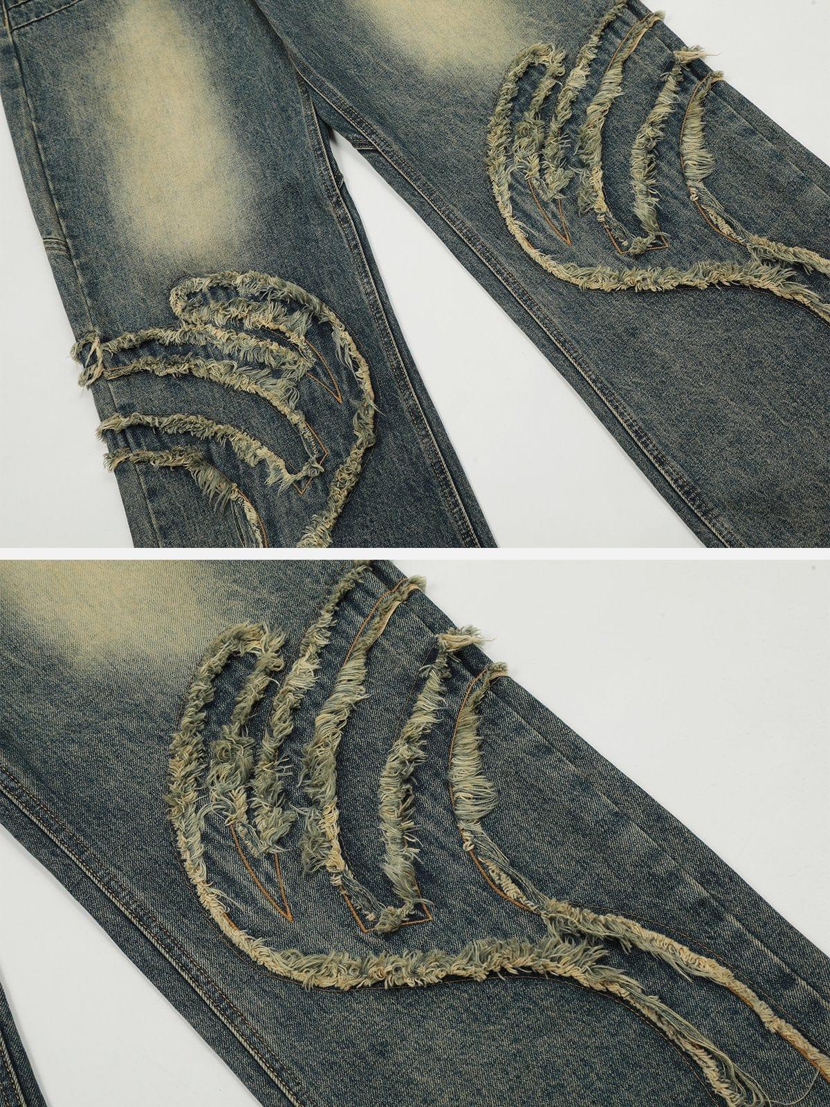 Abstract Pattern Raw Edge Patchwork Jeans