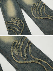 Abstract Pattern Raw Edge Patchwork Jeans