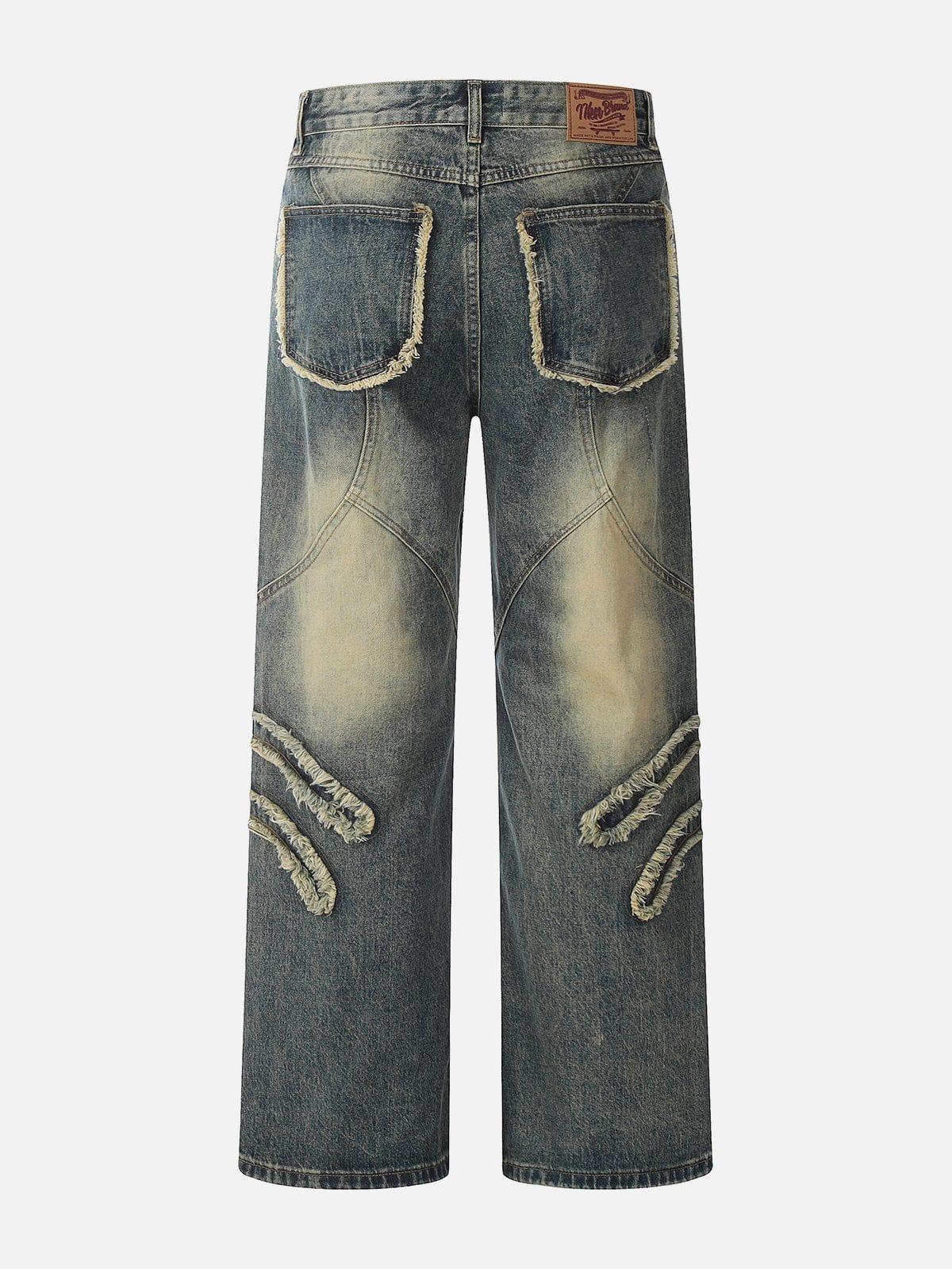 Abstract Pattern Raw Edge Patchwork Jeans