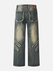 Abstract Pattern Raw Edge Patchwork Jeans