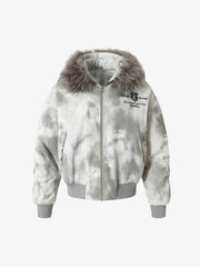 Vintage Tie-Dye Detachable Fur Collar Hooded Bomber Jacket