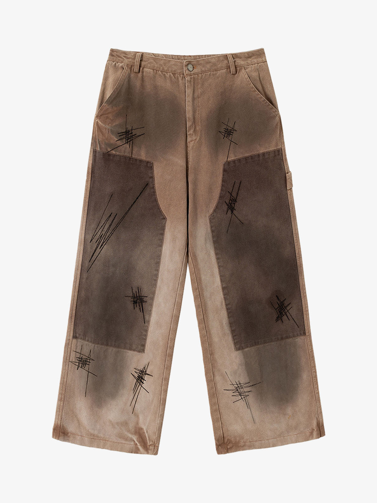 Scratched Patchwork Distressed Embroidered Work Jeans