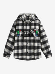Vintage Black And White Plaid Angel Embroidered Hooded Shirt