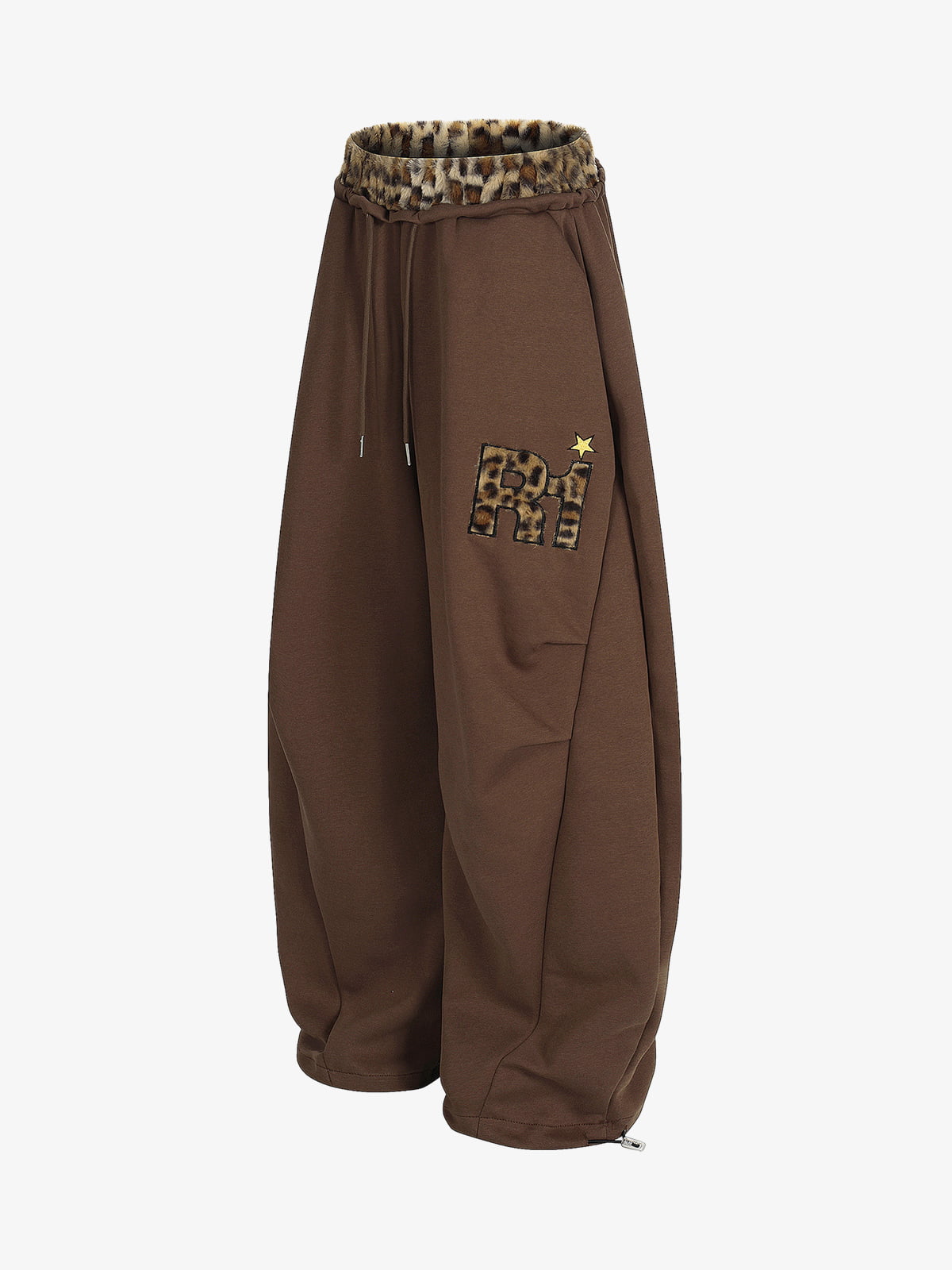 Retro Double-Waist Leopard Patch Barrel Pants