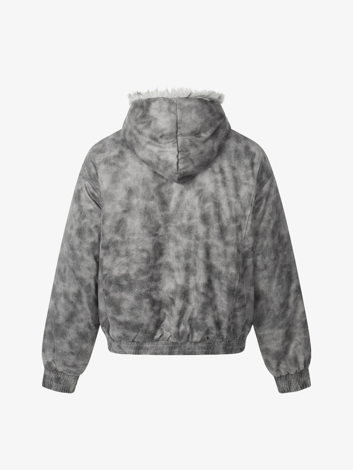 Faux Suede Vintage Wash Fur Hood Padded Jacket