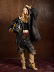 Distressed Graffiti Washed Long Lamb Fleece Denim Cotton Jacket