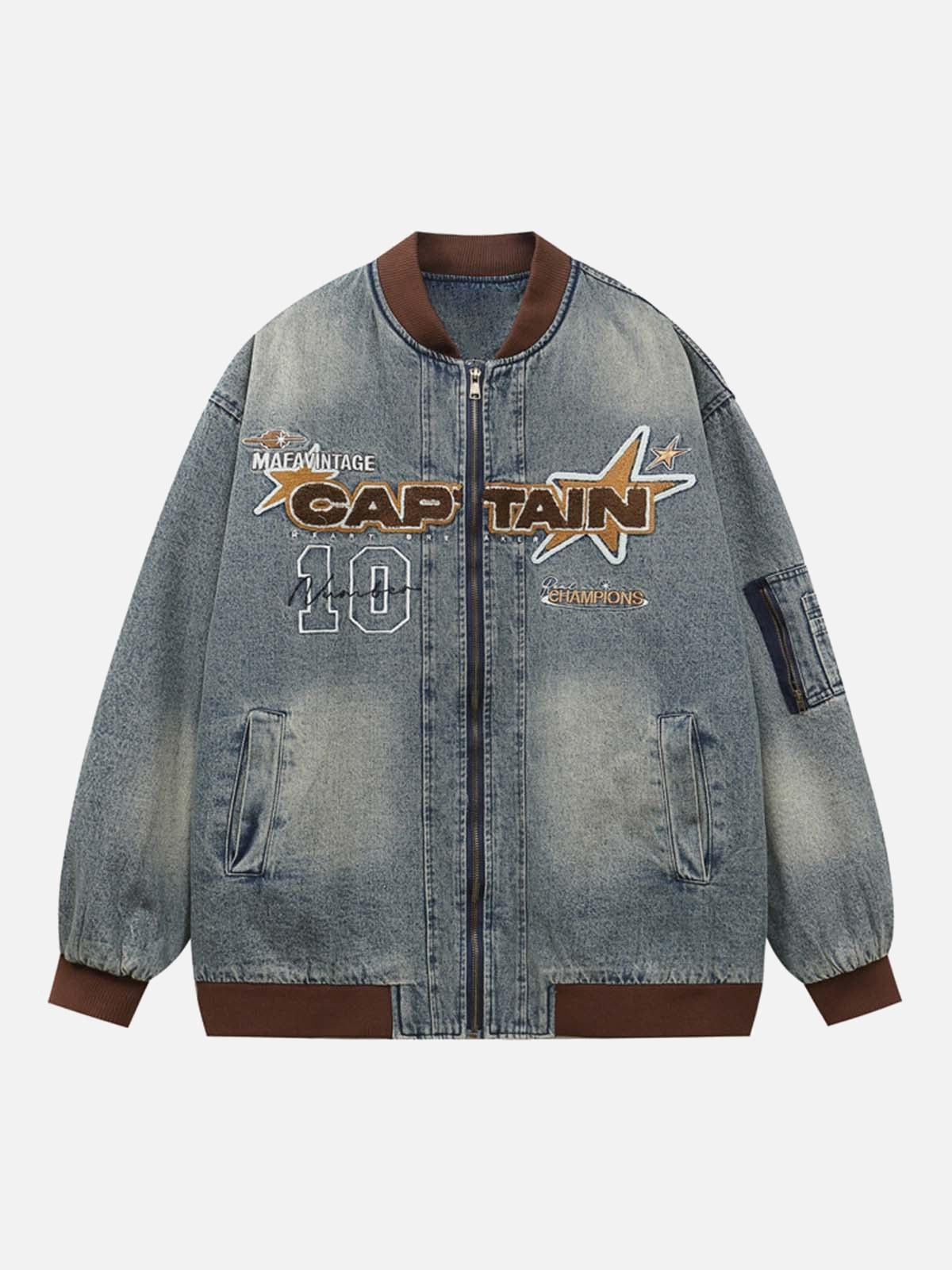 Alphabet Patch Embroidered Quilted Denim Bomber Jacket