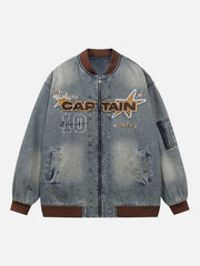 Alphabet Patch Embroidered Quilted Denim Bomber Jacket