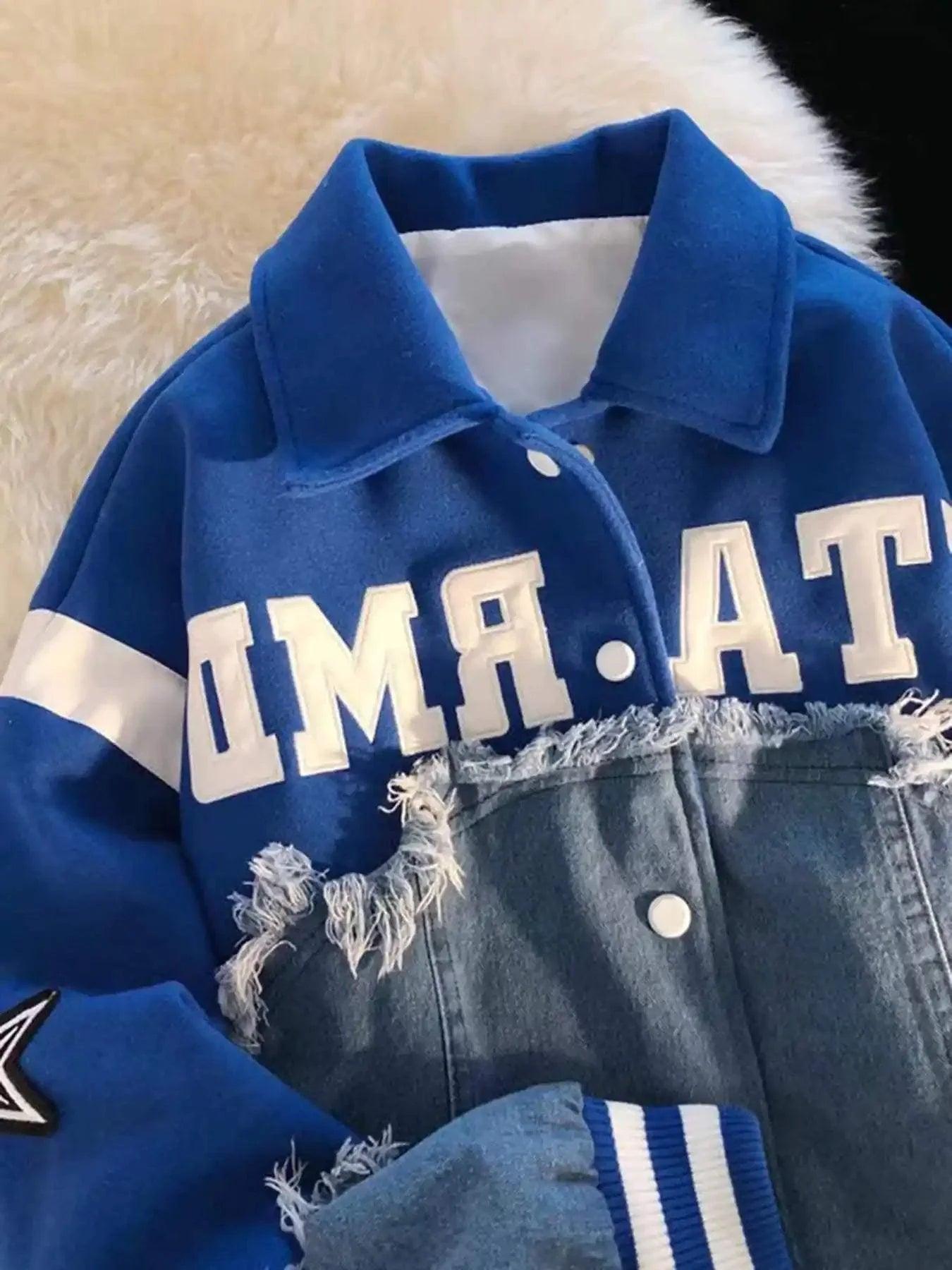 American High Street Denim Fabric Splicing Baseball Jacket