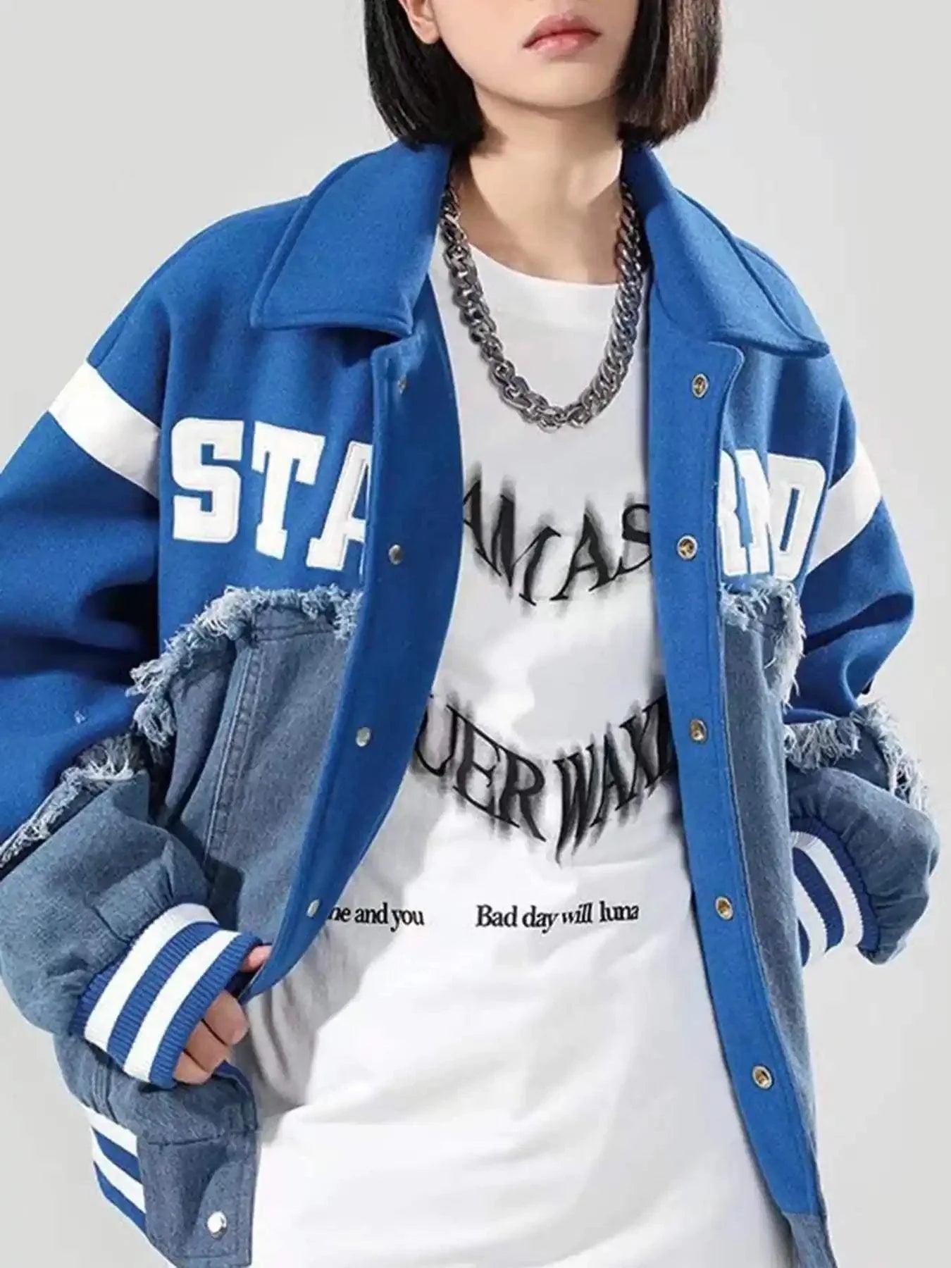 American High Street Denim Fabric Splicing Baseball Jacket