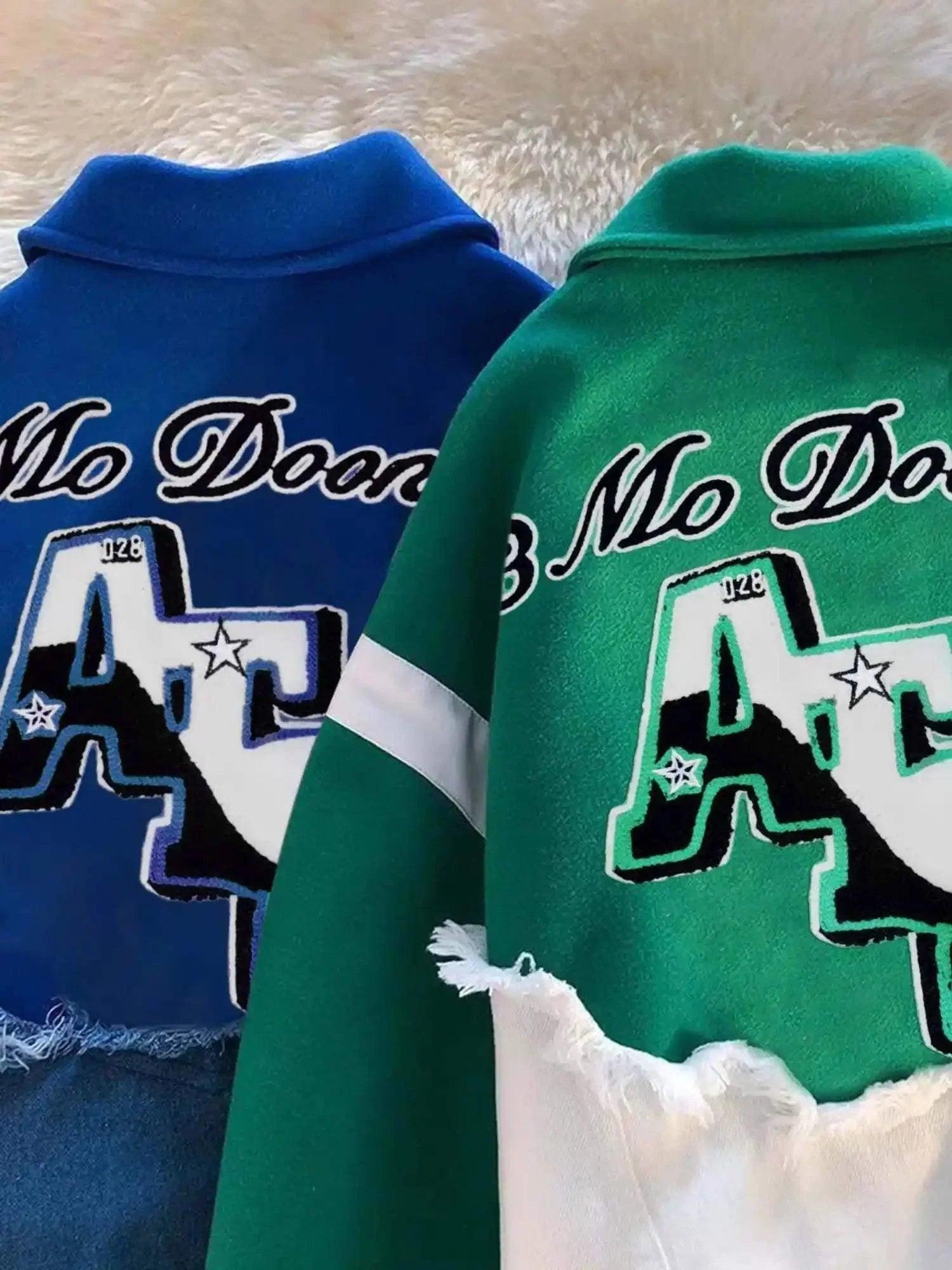 American High Street Denim Fabric Splicing Baseball Jacket