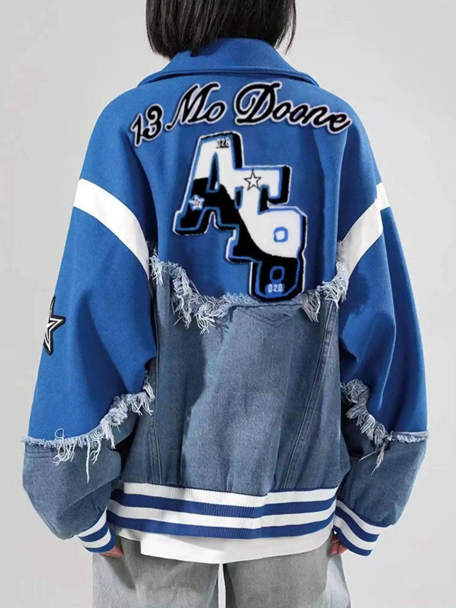 American High Street Denim Fabric Splicing Baseball Jacket