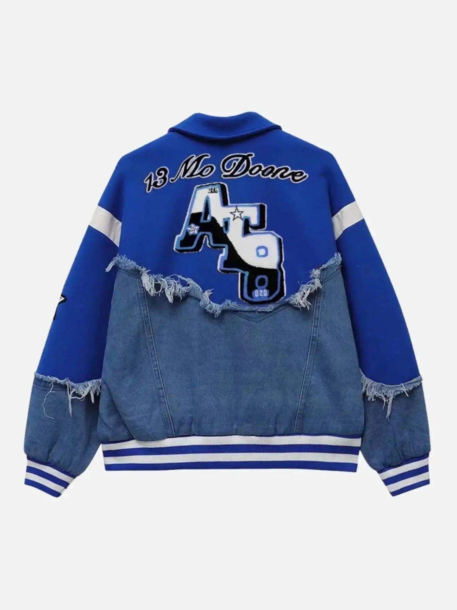 American High Street Denim Fabric Splicing Baseball Jacket