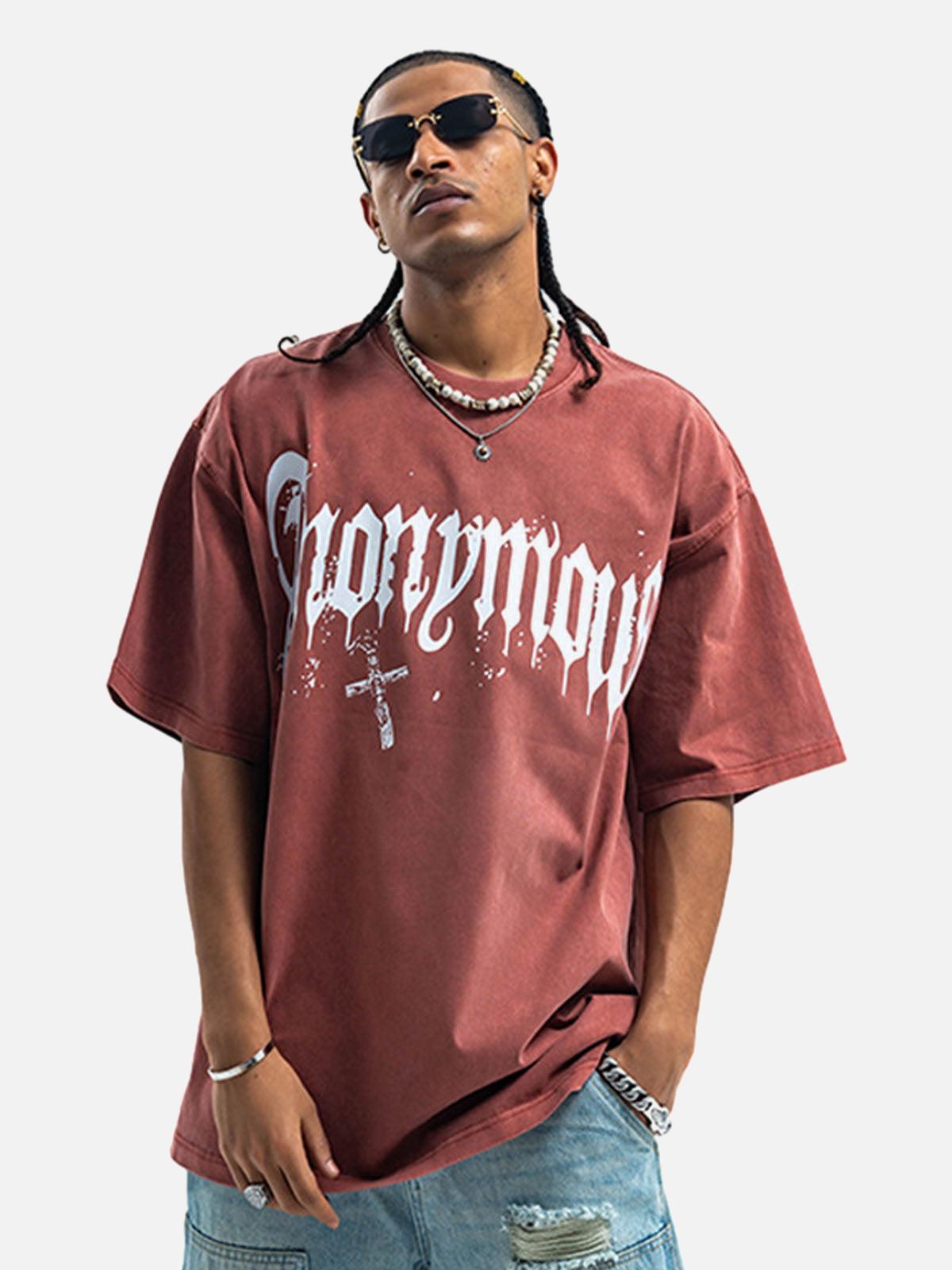 American Street Heavy Washed Distressed Gothic Cross T-Shirt