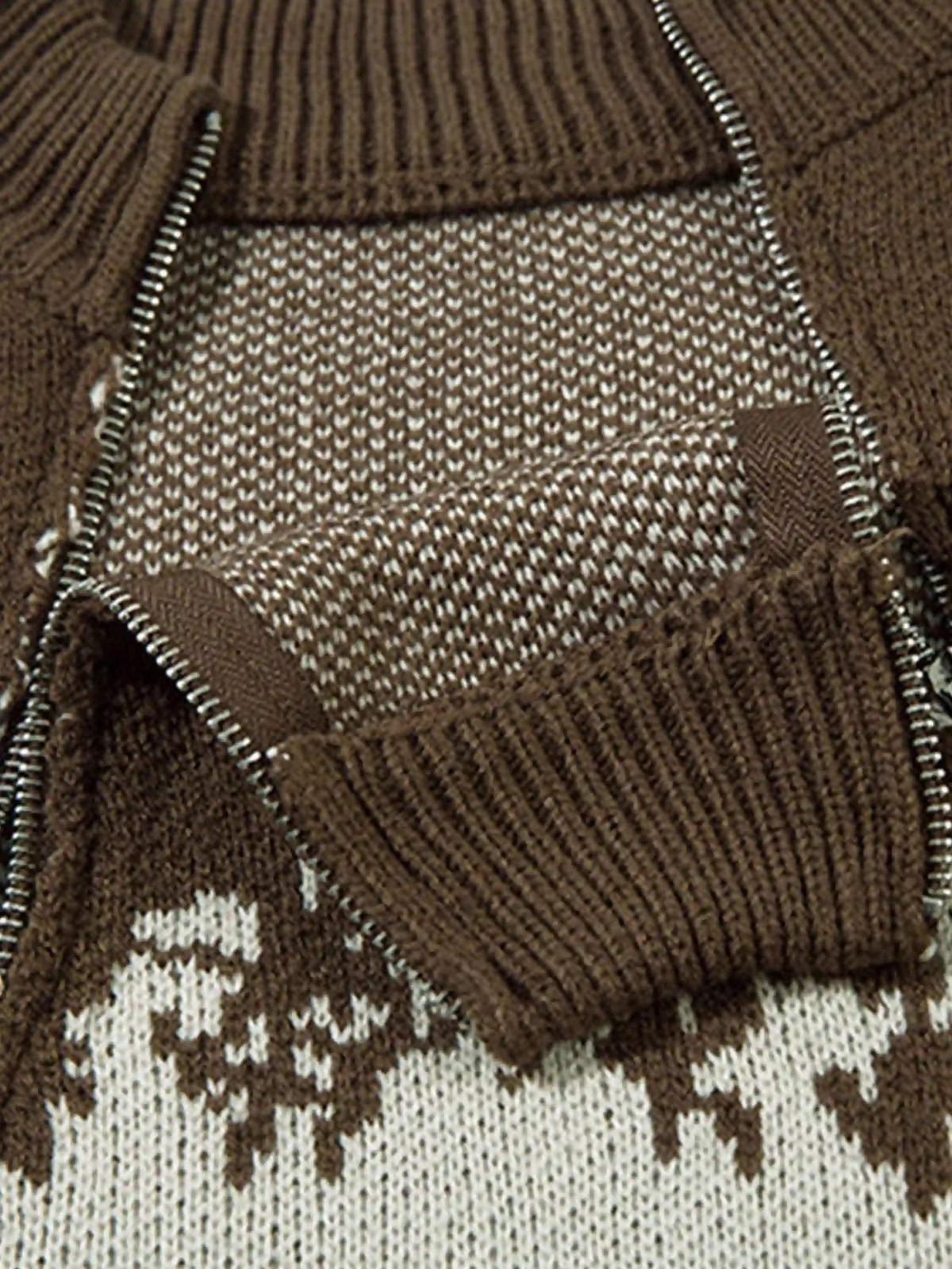 Asymmetric Jacquard Stitching With Two-Way Zipper Sweater