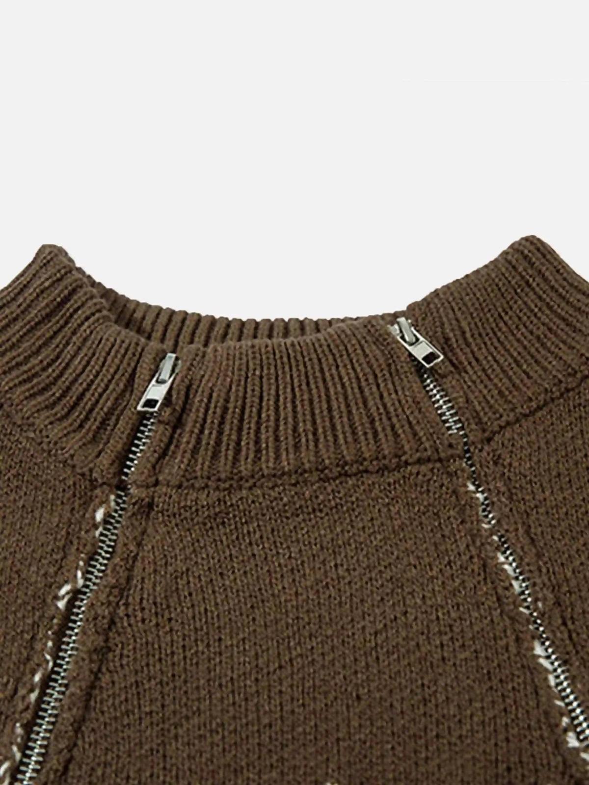 Asymmetric Jacquard Stitching With Two-Way Zipper Sweater