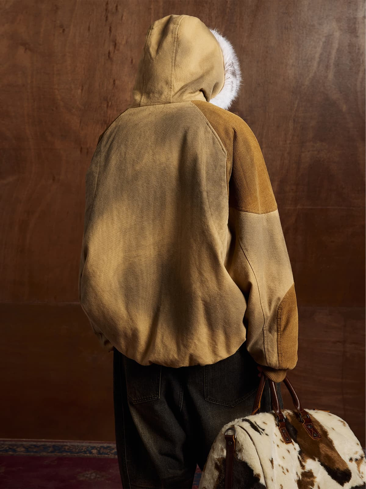 Street Vintage Fog-Dyed Fur Collar Patchwork Hooded Padded Jacket