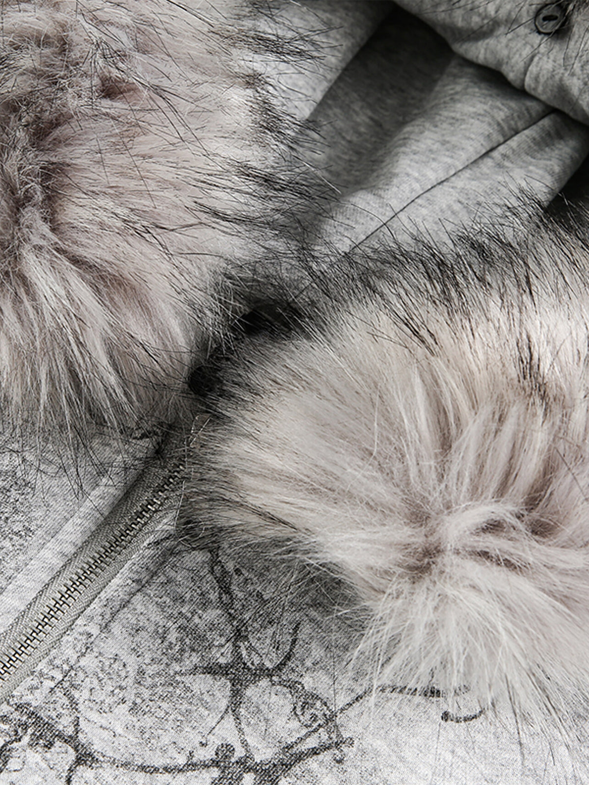 Detachable Fur Collar Half-Zip Printed Hooded Cardigan Sweatshirt