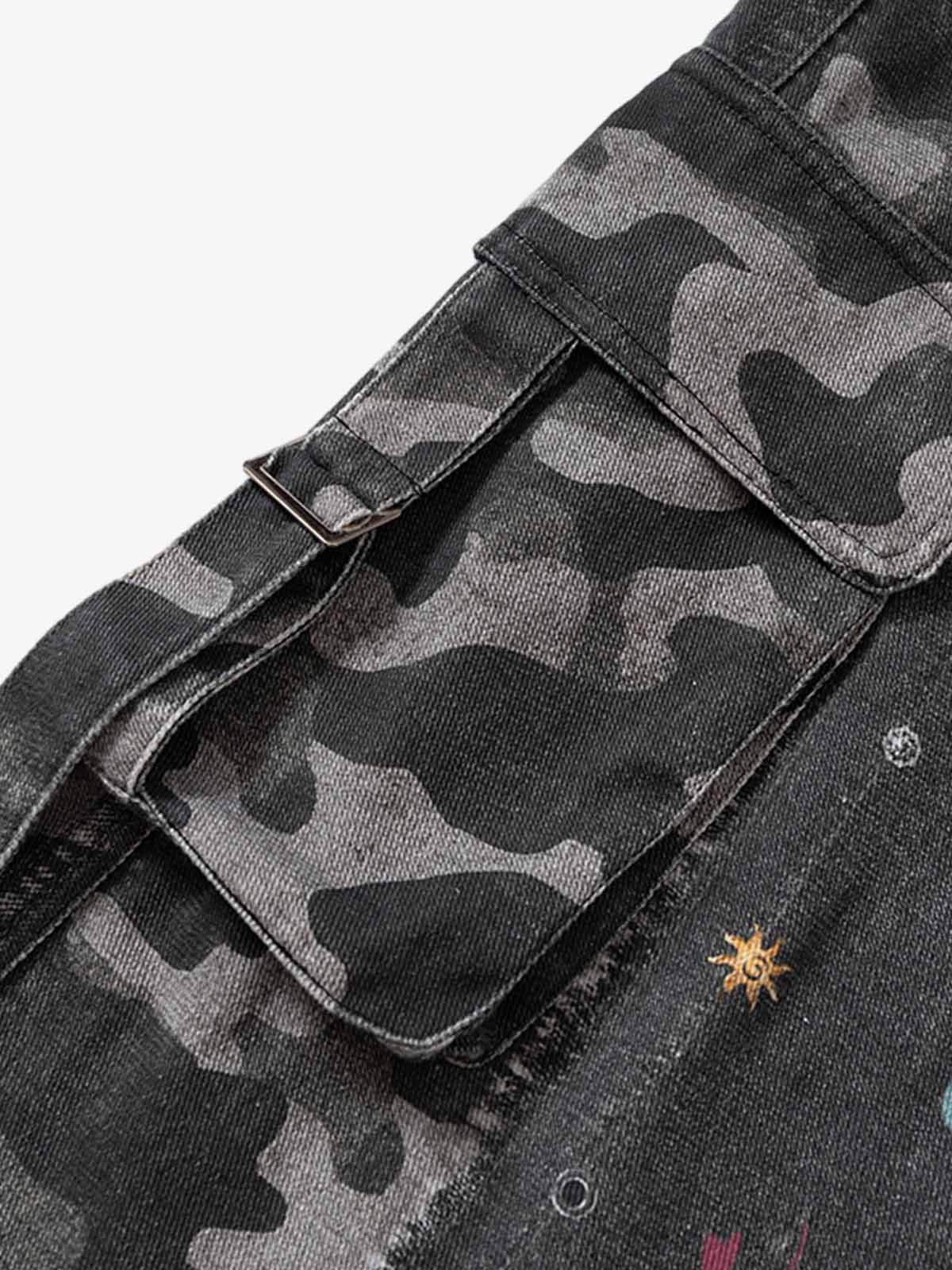 Graffiti Print Cold Transfer Camouflage Layered Cargo Jeans