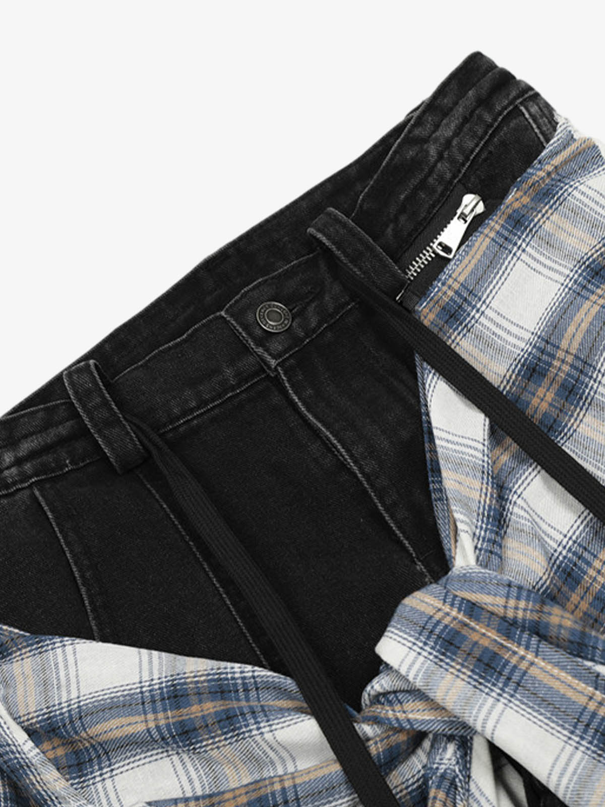 Denim Faux Two-piece Plaid Detachable Scimitar Jeans