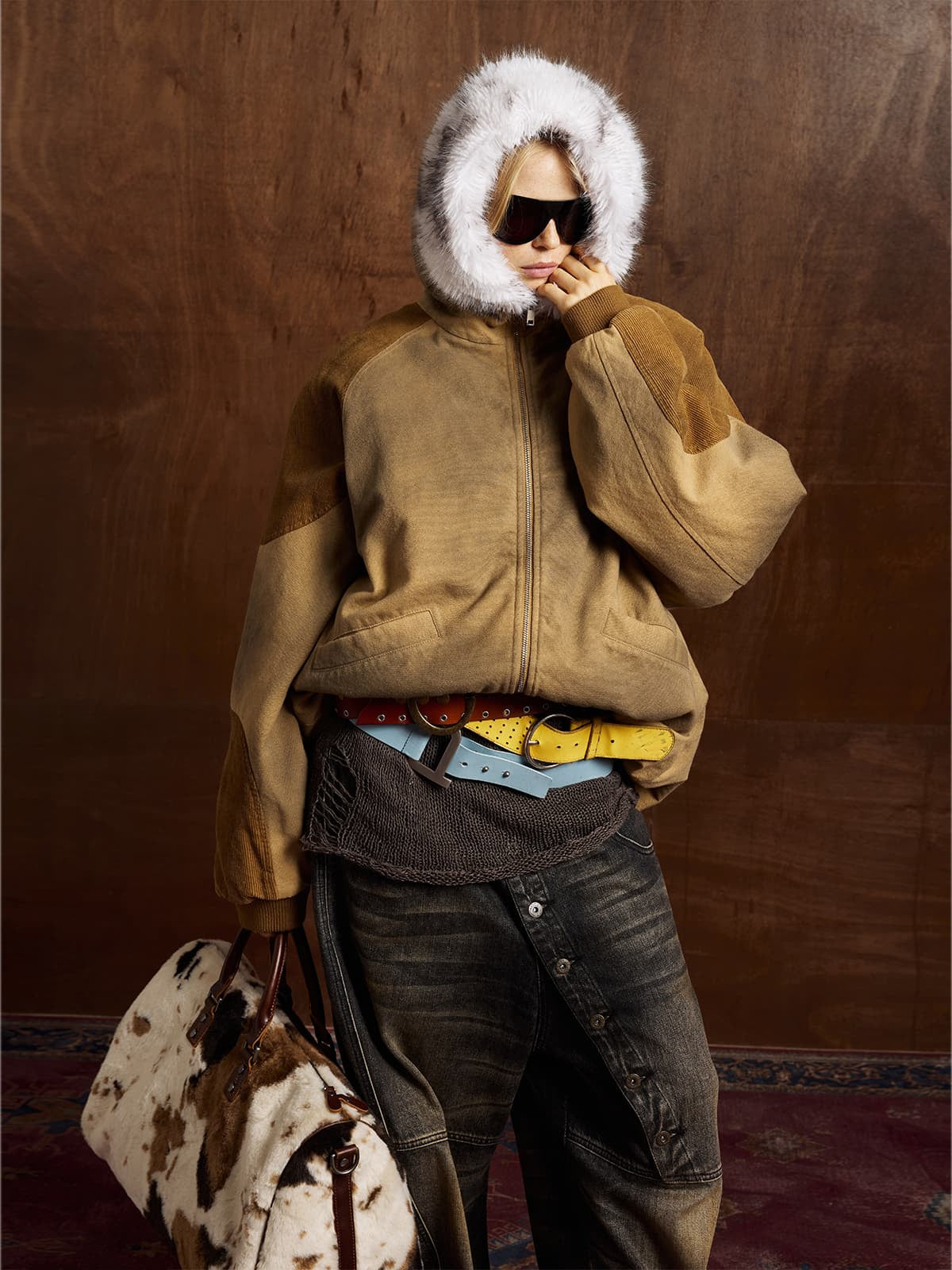 Street Vintage Fog-Dyed Fur Collar Patchwork Hooded Padded Jacket