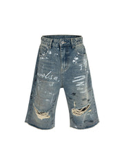 Ripped Hand-Painted Graffiti Ripped Jorts