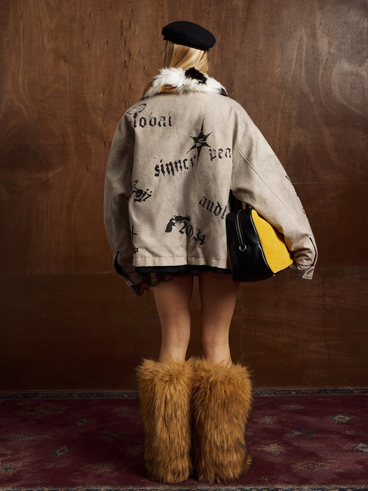Gothic Letter Print Fur Collar Quilted Cotton Jacket