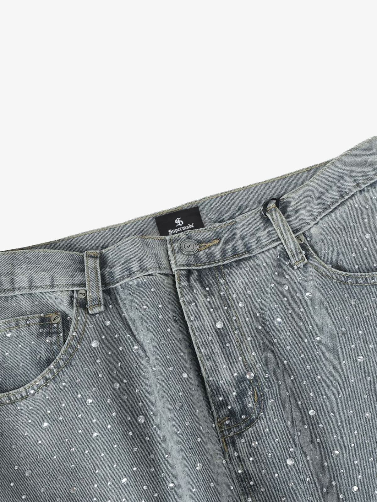 Street Denim Rhinestone-Embellished Baggy Jeans