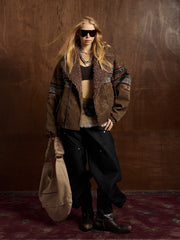 Vintage Leather and Sherpa Patchwork Webbing Cotton Jacket