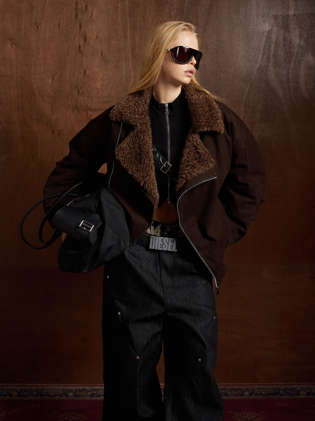 Street Punk Oblique Zipper Lambswool Collar Quilted Jacket