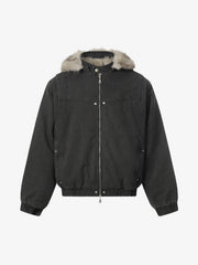 Street Outdoor Detachable Fur Collar Fleece Hooded Padded Jacket