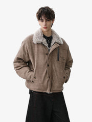 Vintage Fur Collar PU Leather Badge Embroidery Work Jacket