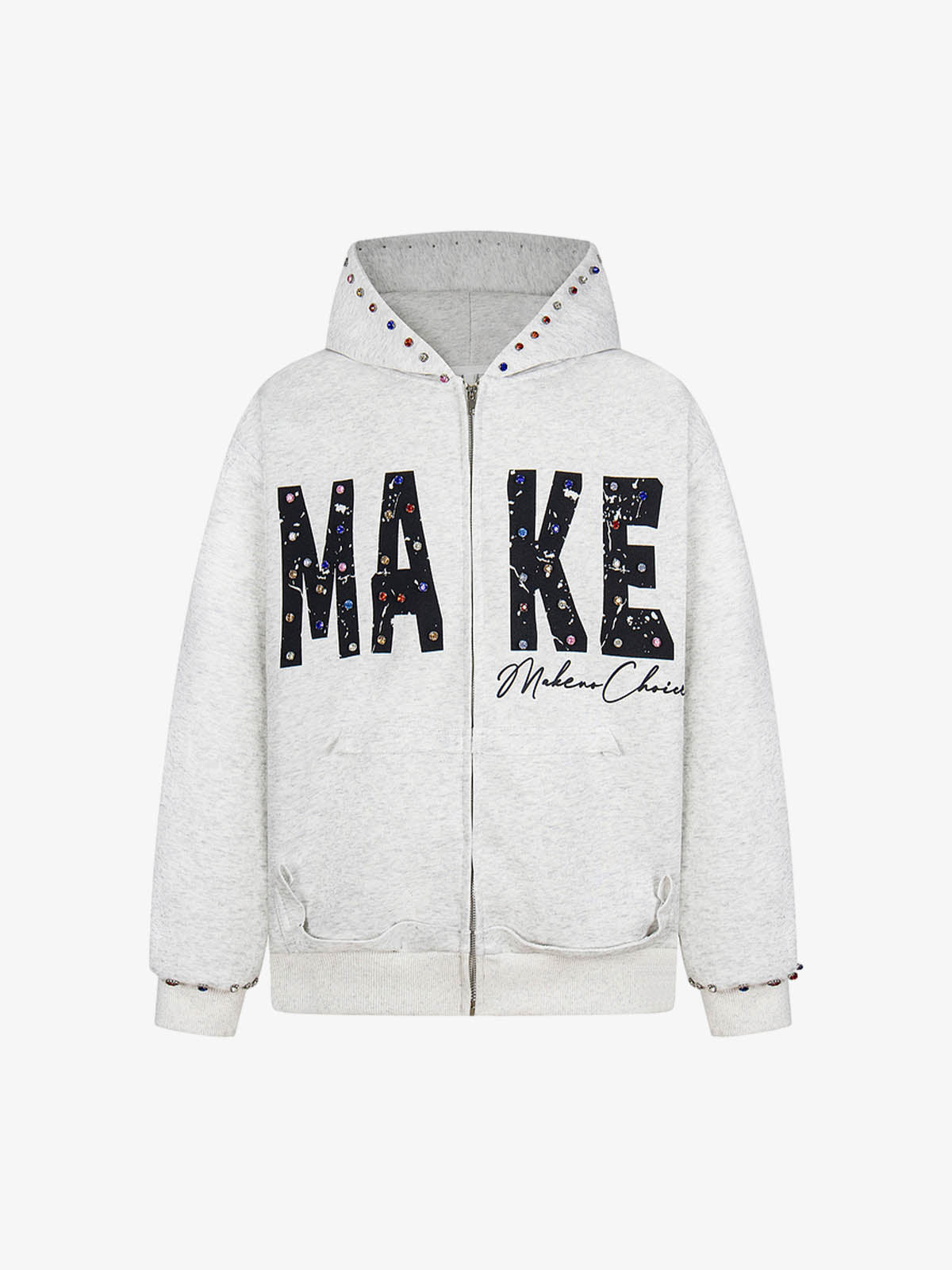 Retro Diamond Beaded Letter Zip Hooded Sweatshirt
