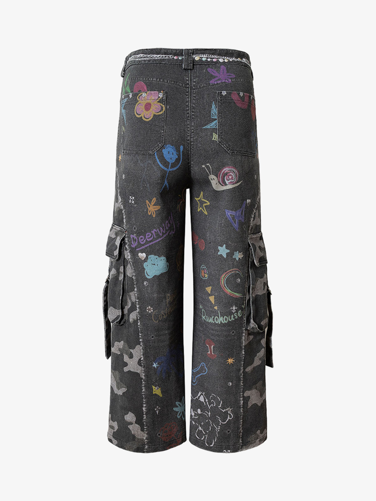 Graffiti Print Cold Transfer Camouflage Layered Cargo Jeans