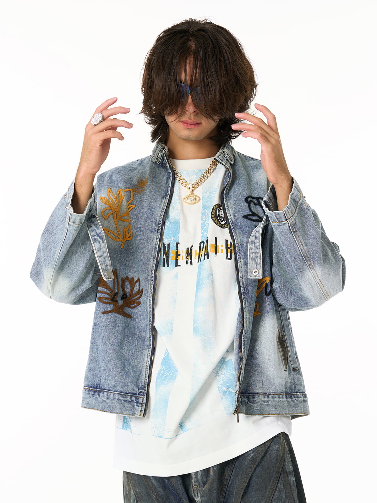 Retro Street Floral Embroidery Washed Zipper Denim Jacket