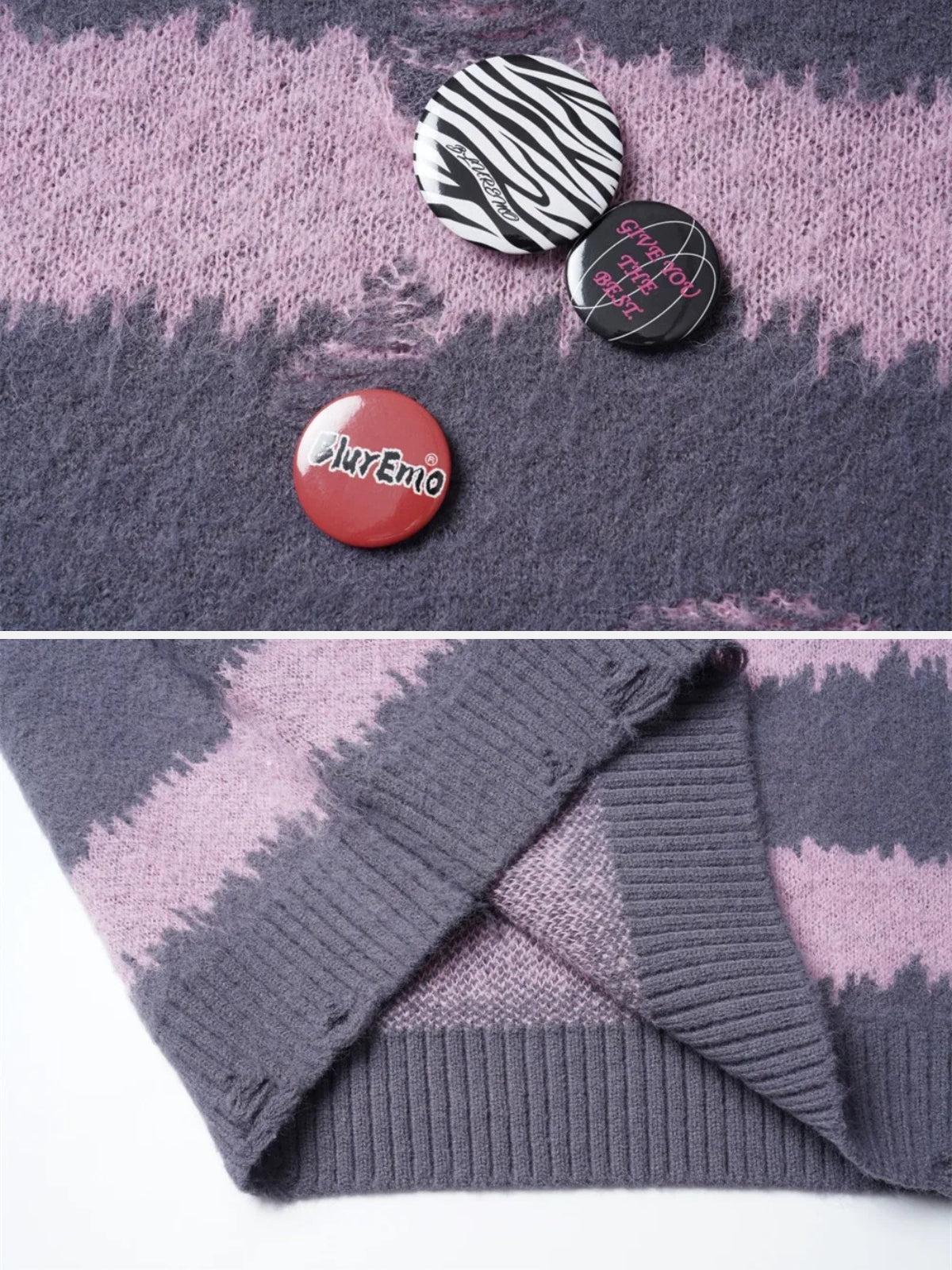 Badge Striped Ripped Sweater