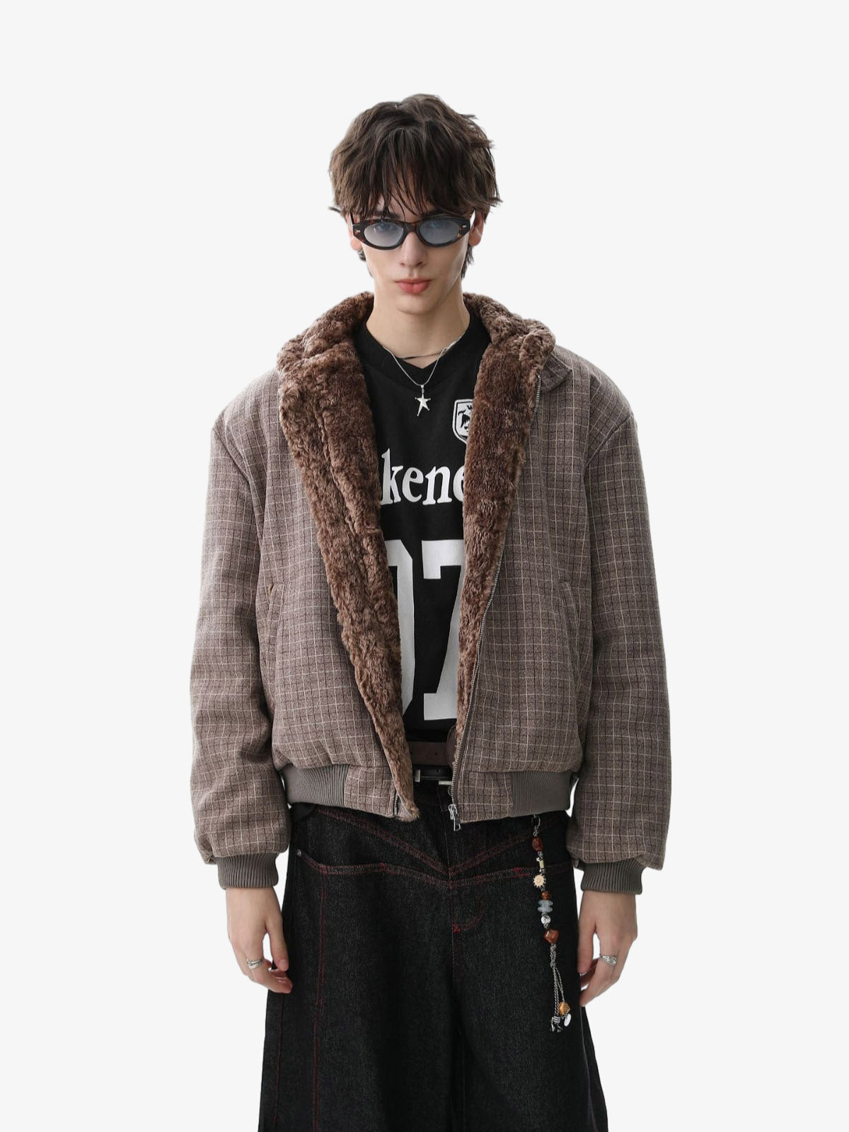 Retro Plaid Fur Collar Warm Padded Jacket