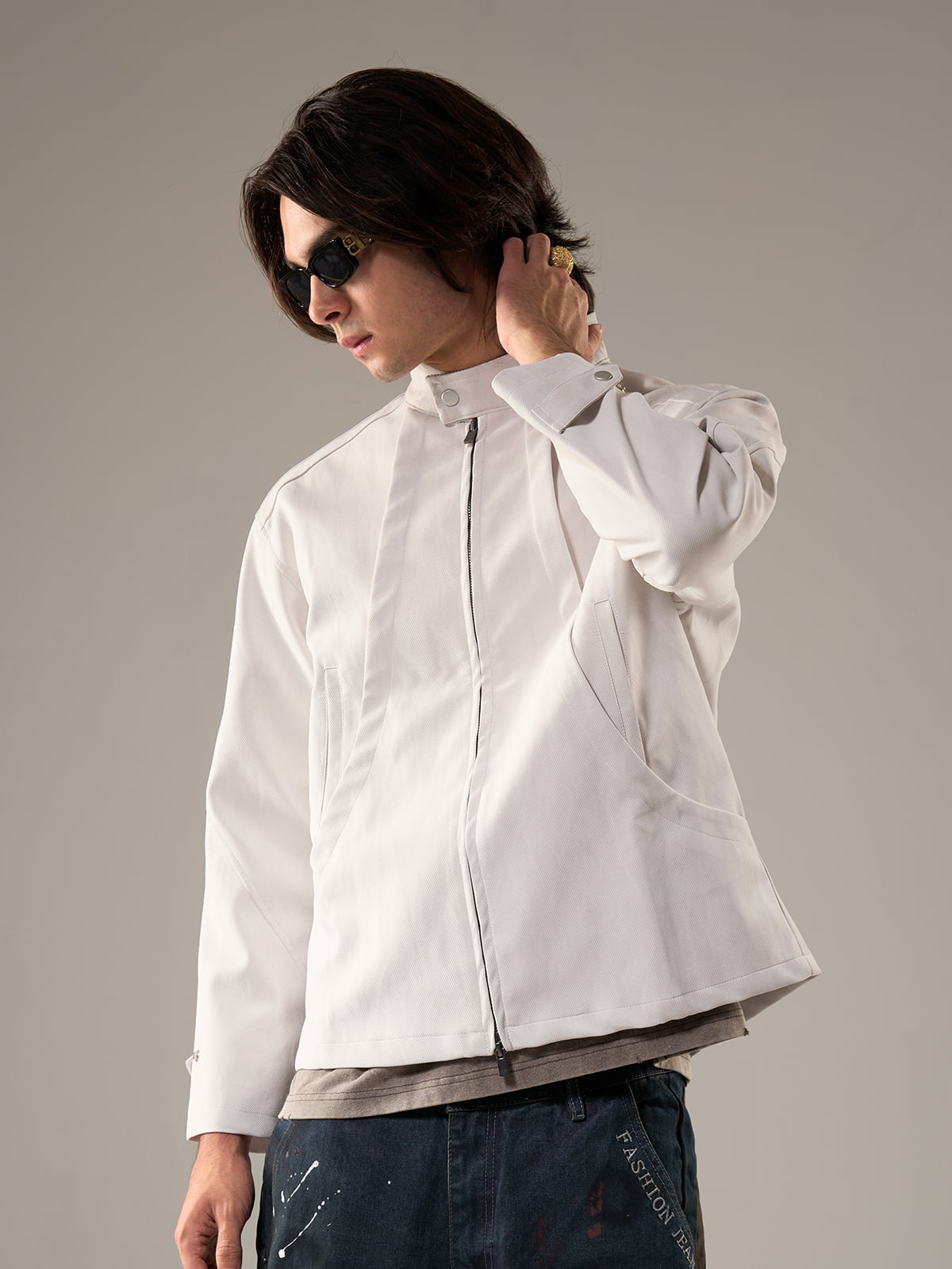Deconstructed Split Stand Collar PU Leather Jacket