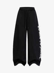 Retro Letter Print Drawstring Straight-Leg Wide Pants